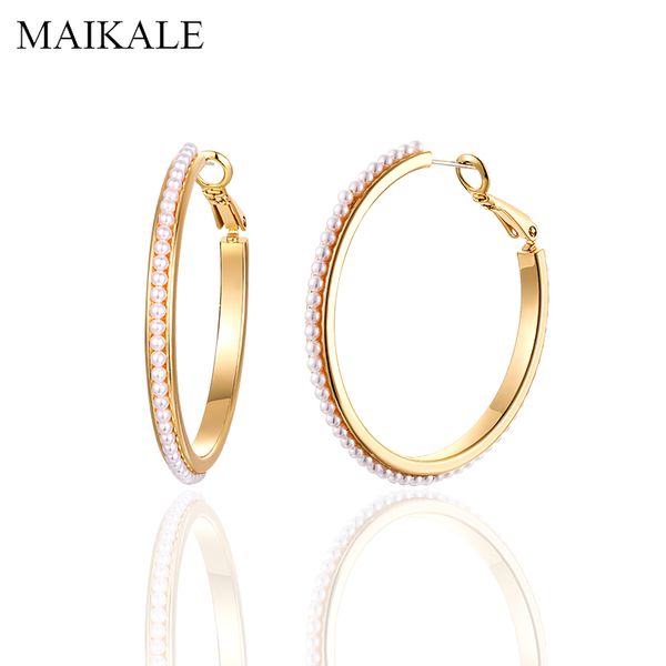 

hoop & huggie maikale luxury gold earrings whole pearl two size circle for women jewelry fashion accessories gifts brincos, Golden;silver