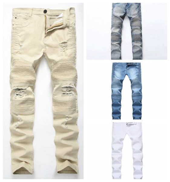 

spot european and american street fashion brand motorcycle men's personality wrinkled slim-fitting pants elastic ripped jeans, Blue