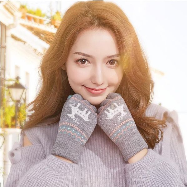 

winter warm women cute elk deer style knitted woolen gloves female touch screen gloves, Blue;gray