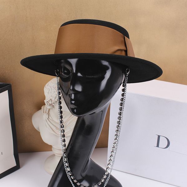 

202009-nao-chain autumn winter brown ribbon wool rhinestone chain lady fedoras cap women leisure panama jazz hat, Blue;gray