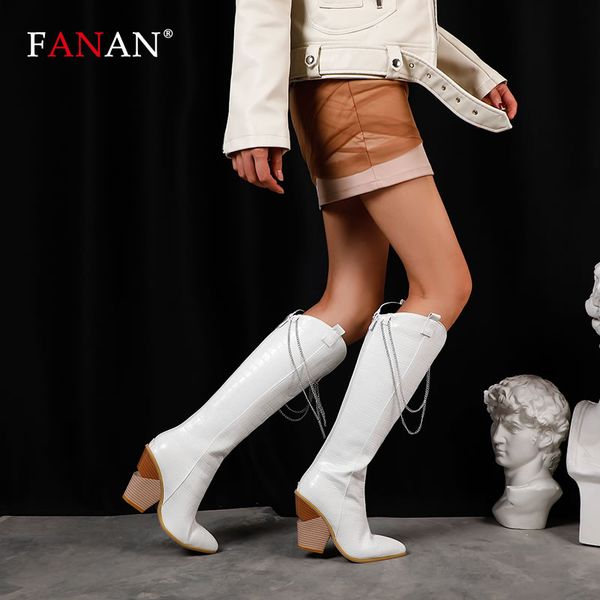 

fanan knee high boots women shoes winter fashion pointed toe western cowboy boots chain decoration female snake wedge heel, Black