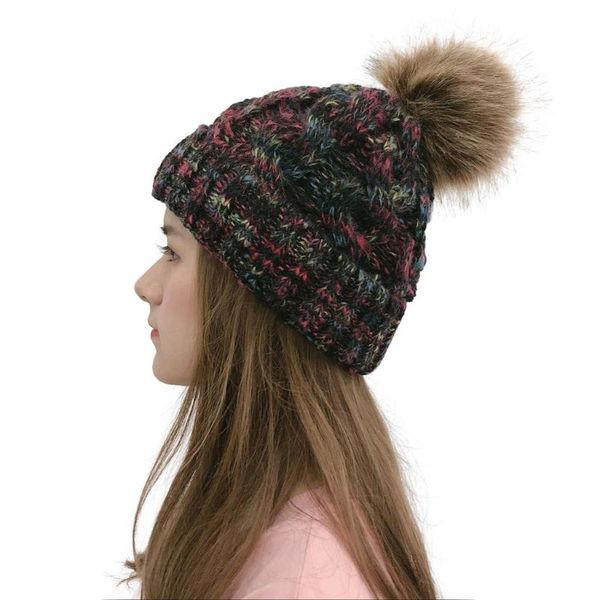 

women multicolor beanie hats casual outdoor plush ball pompom hats crochet knit beanie cap outdoor knitting caps, Blue;gray
