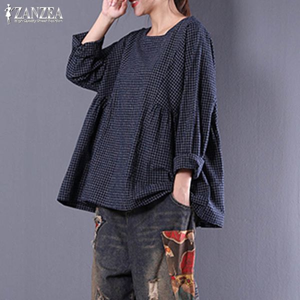 

plus size blouse 2020 zanzea women check vintgae casual plaid blusas female long sleeve pleated linen shirts kaftan chemise, White