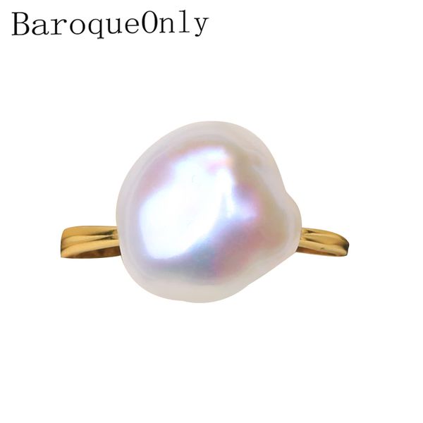 

baroqueonly 925 silver sterling 6-10mm baroque natural pearl ring irregularity color adjustable zircon inlaid fine jewelry rza, Golden;silver