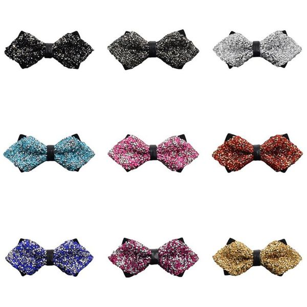 

men crystal pre-tied diamond tip leather bowties noble luxury shiny bow ties bwtqn0331, Black;gray