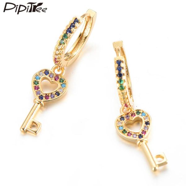 

pipitree lovely cubic zirconia heart key earrings copper gold color women drop dangle wedding earrings lover's jewelry gift, Silver