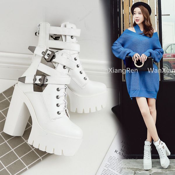 

2020 new heels martin boots to film the spot thick with belt buckle high-heeled boots 518-1, Black