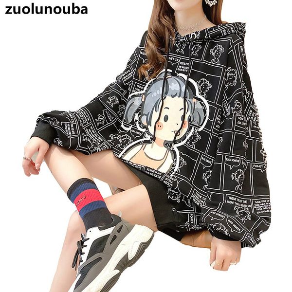 

women's hoodies & sweatshirts zuolunouba 2021 autumn korean loose ladies hoodie casual slimming harajuku mid-length cartoon print women, Black