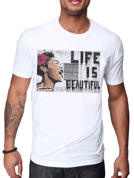 

mens white t-shirt with women with life is beautiful message bold banksy print