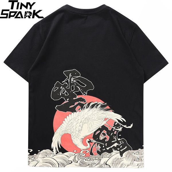 

T Shirt Men 2020 Streetwear Chinese Kanji Tshirt Short Sleeve Cotton Hip Hop Harajuku T-Shirt Crane Wave Print Summer Tops Tees CX200617