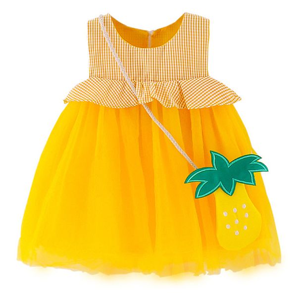 

summer baby girl sleeveless dress kids princess cute plaid dress and pineapple small bag toddler girls dresses infant vestidos, White