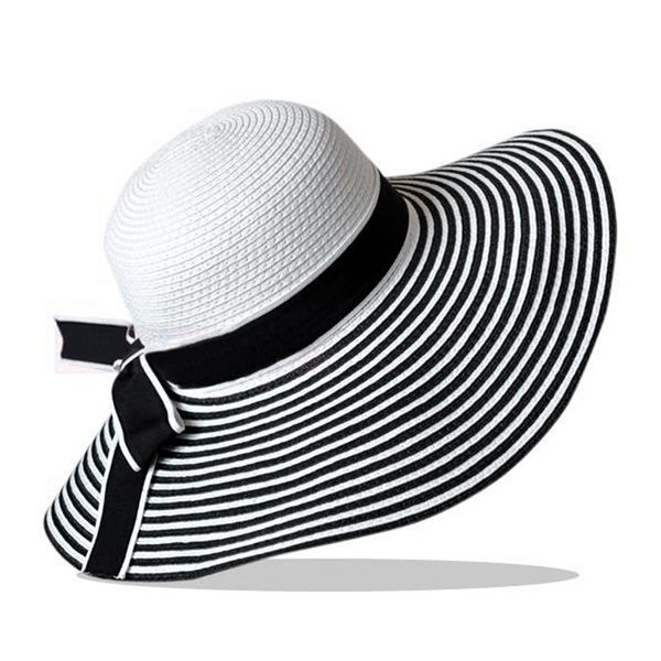 

очаровательный дизайн bowknot складная черный белая полоса сращивание straw hat вс hat для женщин, Blue;gray