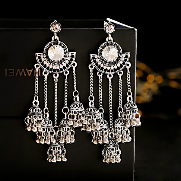 

ethnic sector silver color long tassel bell dangle earrings for women handmade rhinestone gypsy tribe earrings