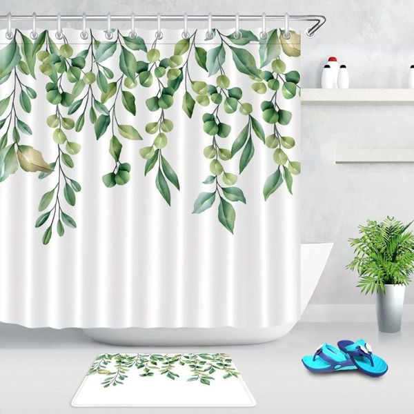 

shower curtains spring green plant leaves white curtain set waterproof polyester fabric bath for bathroom bathtub non-slip mat