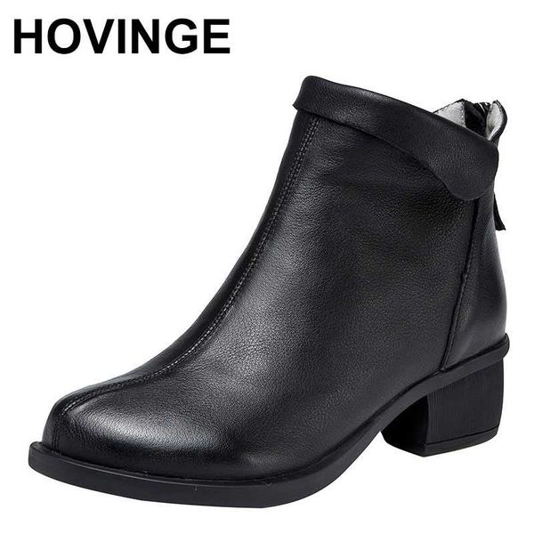 

hovinge genuine leather shoes women boots 2020 autumn winter vintage handmade ankle boots soft casual high heels shoes woman, Black
