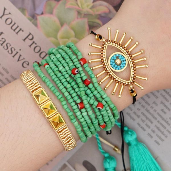 

go2boho miyuki bracelet for women turkish evil eye seed beaded adjustable bracelets beads tassel fashion jewelry, Golden;silver