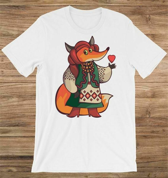 

cute red fox in national costume holds a small heart tee t-shirt festive tee shirt