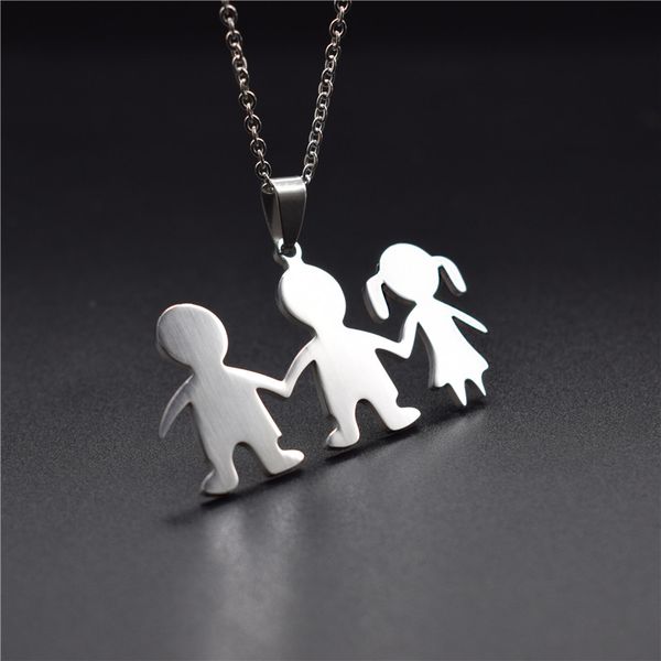 

pendant necklaces elfin stainless steel children hand in cute boys and girls hands friendship necklace, Silver
