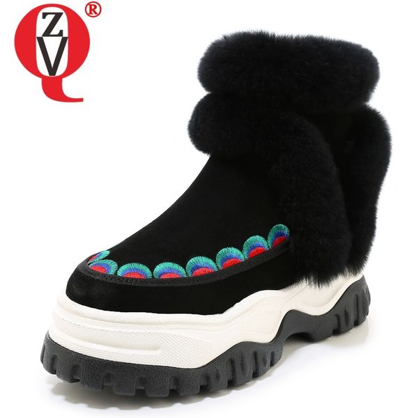 

zvq winter new warm snow boots outside high heels platform cow suede women boots round toe embroider women shoes drop shipping, Black