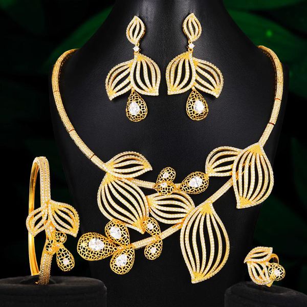 

4pcs big fashion luxury hollow leaves naija jewelry set for women wedding african cubic zircon cz dubai bridal jewelry, Silver