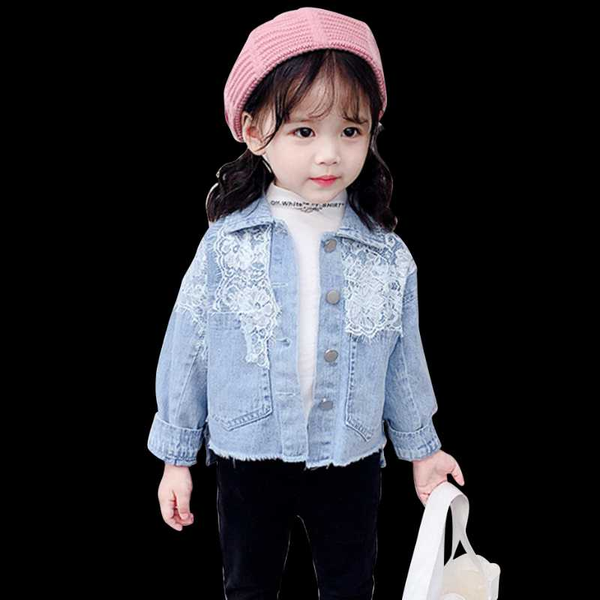 

girls denim jacekt outerwear lace flower coat girl patchwork childrens' jacket todder children's winter clothes, Blue;gray