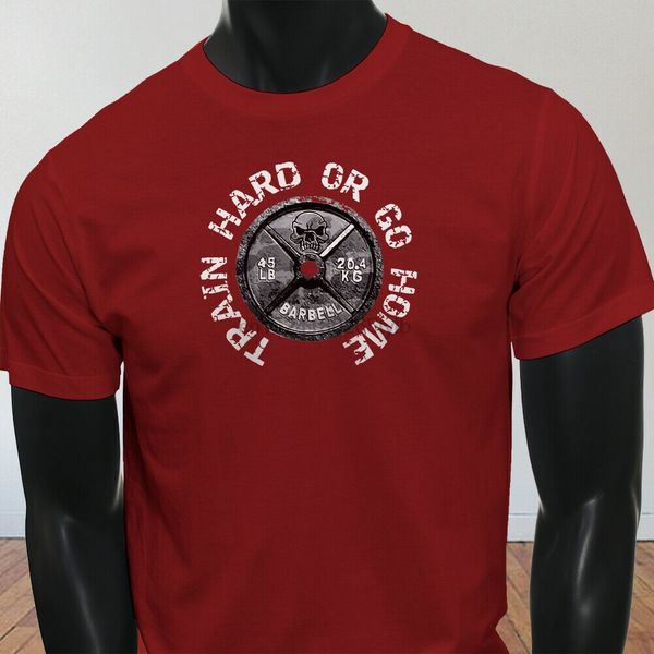 

workout gym training yoga white train hard or go home mens red t-shirt