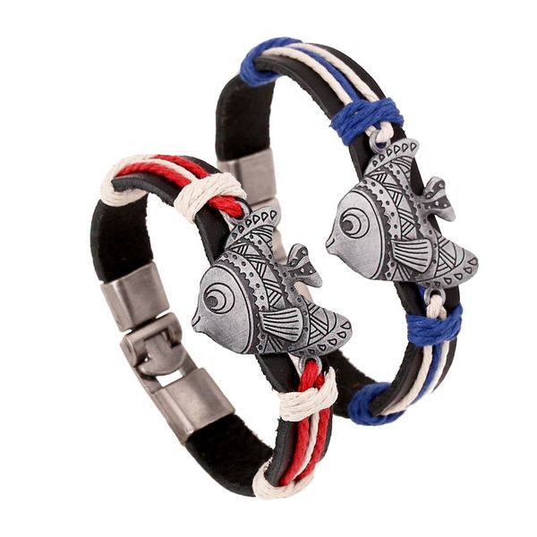 

charm bracelets man woman gifts jewelry couple blue red bracelet leather fish alloy woven wholesale, Golden;silver