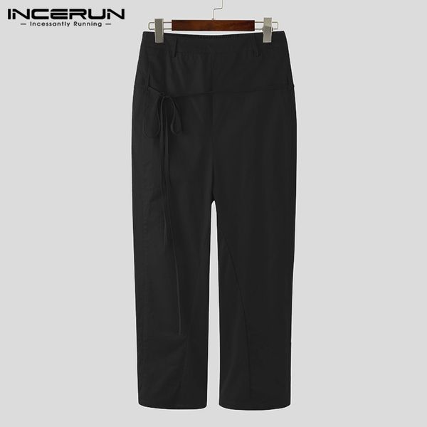 

incerun men casual pants elastic waist lace up streetwear fashion long pants joggers solid color drop crotch mens trousers s-5xl, Black