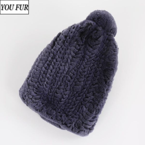 

2020 women winter hight quality real fur hats 100% natural soft rex fur caps lady warm hand knit real rex hat, Blue;gray