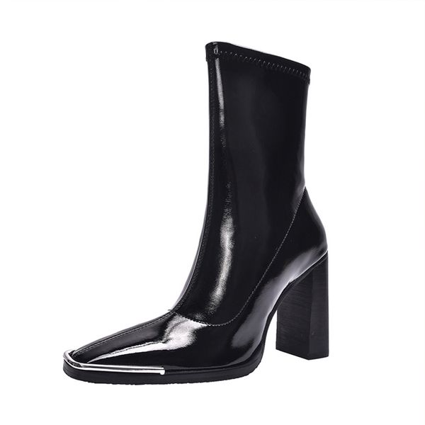 

boots women ankle skinny snow shoes metal square toe thick heel patent leather shigh boot stretch handsome, Black