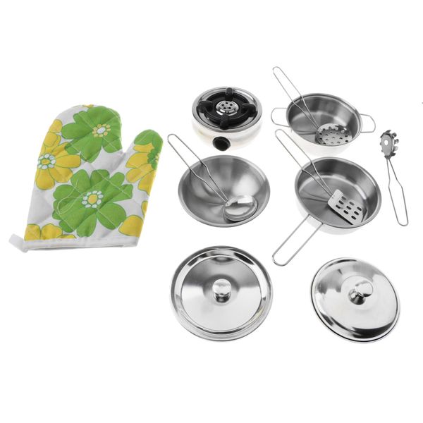 

11 pieces kids pretend play stainless steel cookware kitchen pot pan utensil miniature set kids role play #1