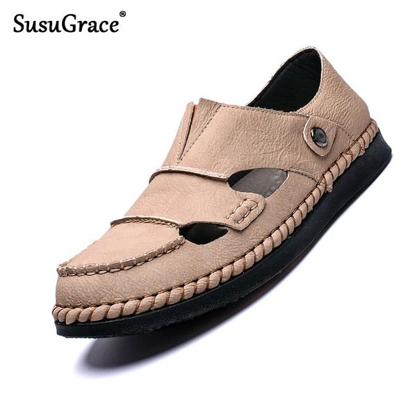 

susugrace summer men sandals leather moccasins soft loafers outdoor flat shoes quality comfortable plus size breathable non-slip, Black