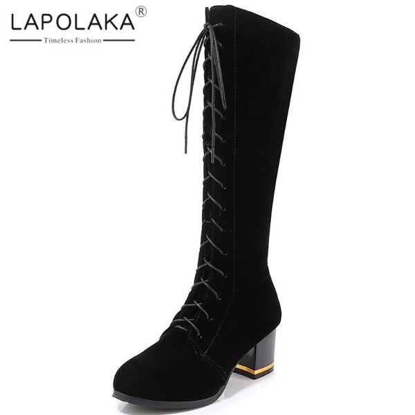 

lapolaka 2020 new fashion plus size 33-46 chunky heels mid calf boots woman shoes zip up concise shoes women boots female, Black