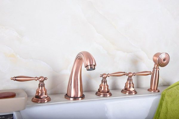

antique red copper brass widespread deck-mounted tub 5 holes three handles bathroom tub sink basin faucet tap hand spray mtf185