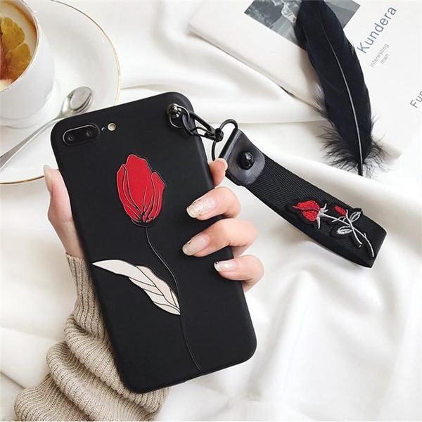 

rose embroidery wrist strap phone cases for iphone x xr xs xs max flower relief silicon case for iphone 6 6s 7 8 plus