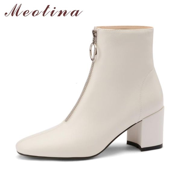 

meotina real lather high heel short boots women shoes round toe chunky heels zipper ankle boots ladies autumn winter black 40