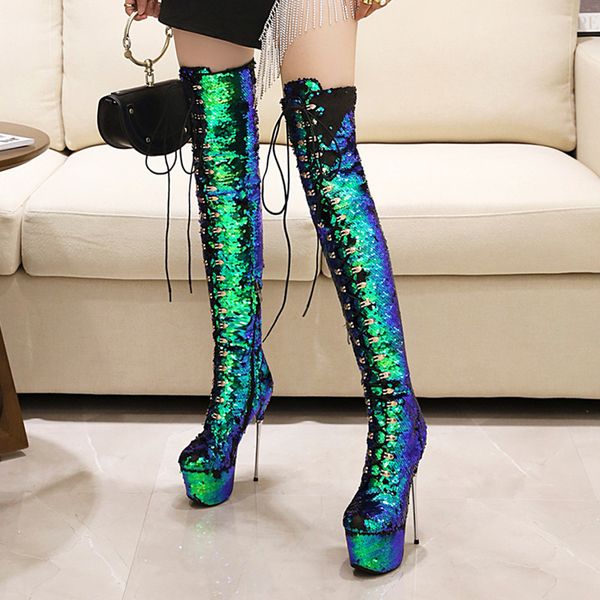 

boots high platform women stilettos heels lace-up ladies shoes over-knees party sequined, Black