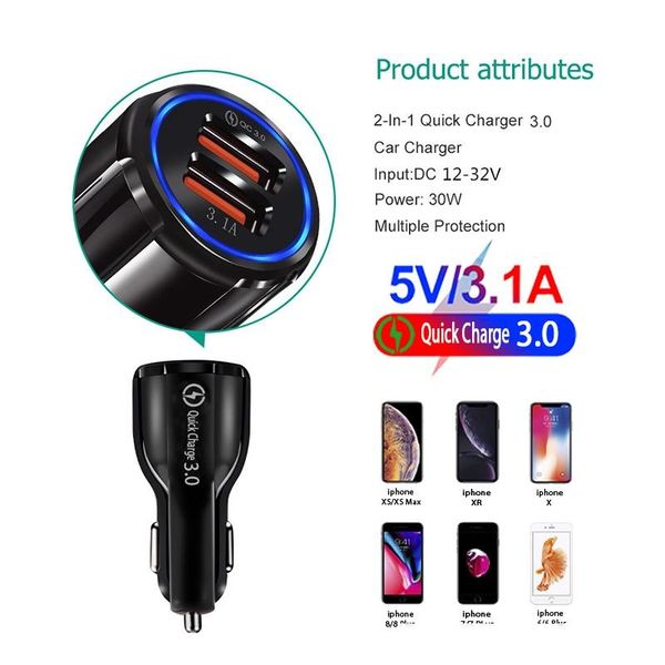 

car adapter qualcomm3.0 smart phone quick charge two usb car on-board charger 3.1a fast recharge for mobile phones