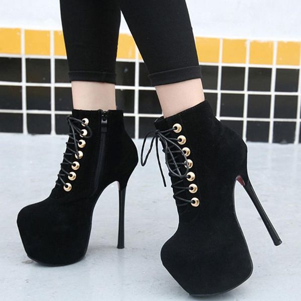 

karin fetish sm extreme high heel women shoes winter plush platform shoelaces party boots female ankle boot, Black