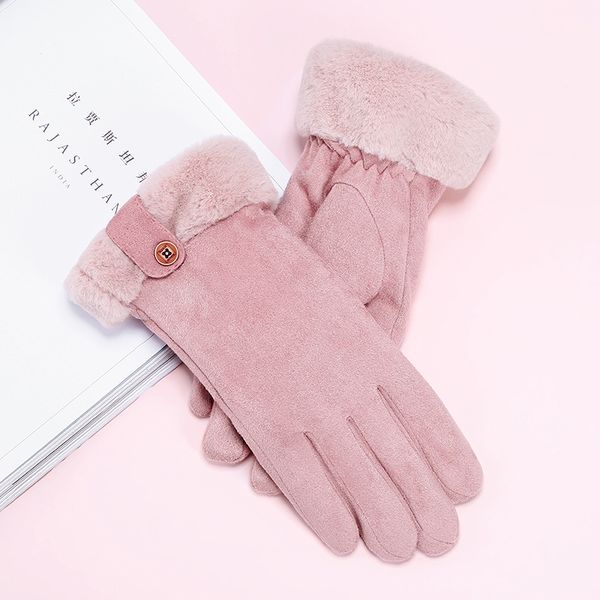 

2020 new winter female lace ladies warm cute pompom button bow design double thick plush wrist women touch screen driving gloves, Blue;gray