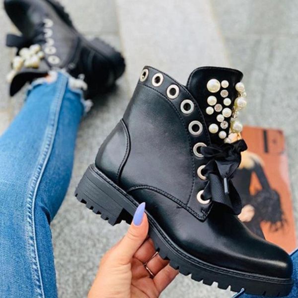 

bonjomarisa дама ретро pearl узелок платформа ботильоны панк повседневный daily boots женщина motocycle дизайнерская обувь женщина, Black