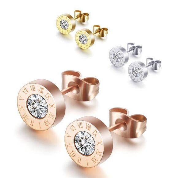 Orecchini con diamante singolo in numero romano Versione coreana di orecchini per uomo e donna in oro rosa con zirconi in titanio di alta qualità