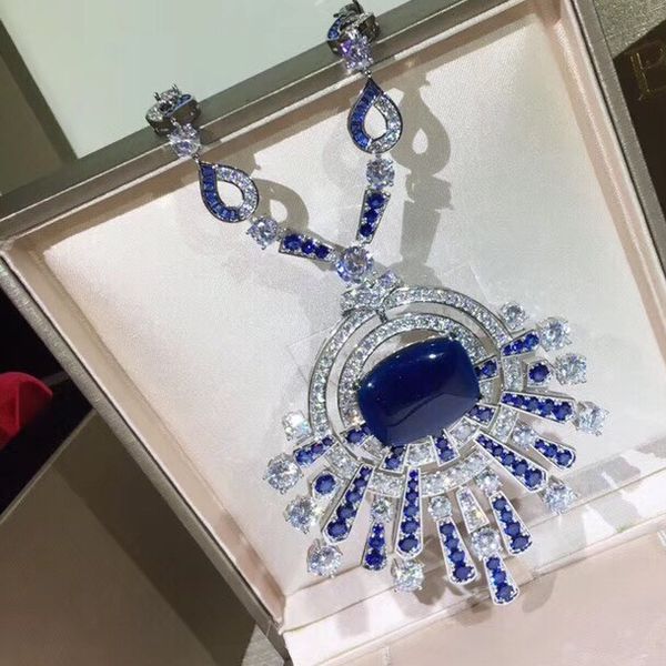 

pendant necklaces women vintage big blue stone with cubic zircon geometric necklace, Silver