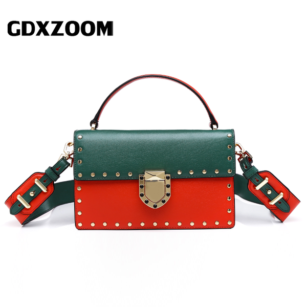 

gdxzoom 2020 новый закрылков индивидуальные моды rivet леди плечо сумка прочный футляр из натуральной кожи женщин широкий ремни сумки внутре