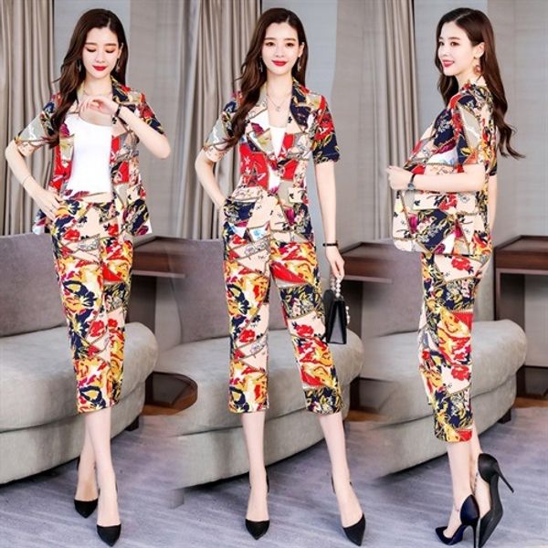 

small printed casual suit coat 2019 summer chiffon high coat coatwaist slimming ol western style professional two-piece suit nc8f2, Gray