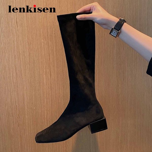 

lenkisen riding boots stretch all-match dress square toe thick med heel zipper daily wear noble knee high boots l37, Black