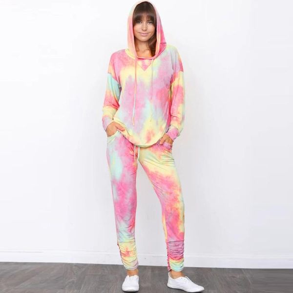 

women's tie-dyed printed loose tracksuits autumn winter long sleeve casual hoodie and long pants set 2pcs sports suit #3, Gray