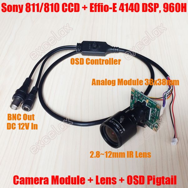

analog 700tvl sony 811 810 ccd effio-e dsp 2.8-12mm manual varifocal lens cctv pcb board camera module osd menu control cable