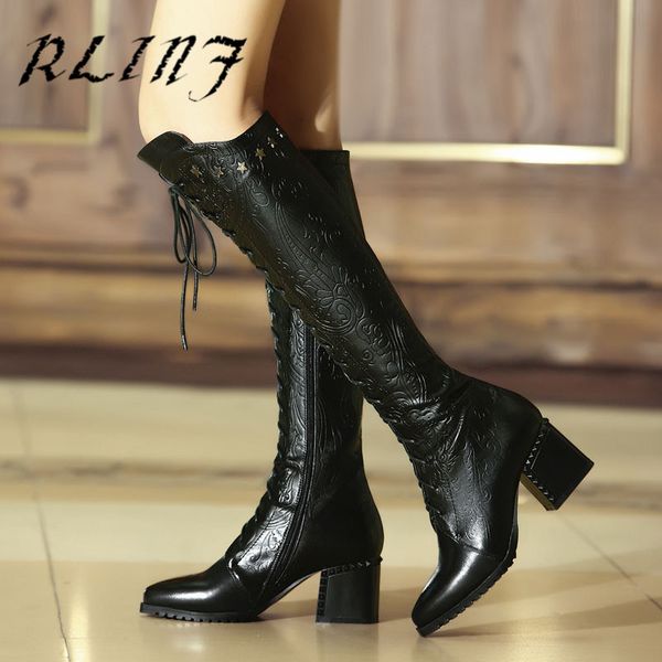 

rlinf new embossed leather women's shoes thick high-heeled leg long knees with boots, Black