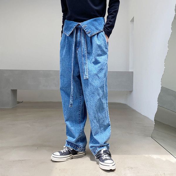 

men's jeans ewq / wear korean folded high-waisted design blue niche wide-leg denim trousers for male 2021 trendy pants y3390